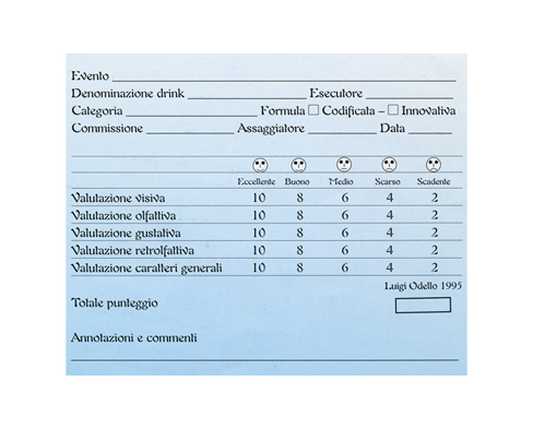Scheda per la valutazione di cocktail. Luigi Odello 1995